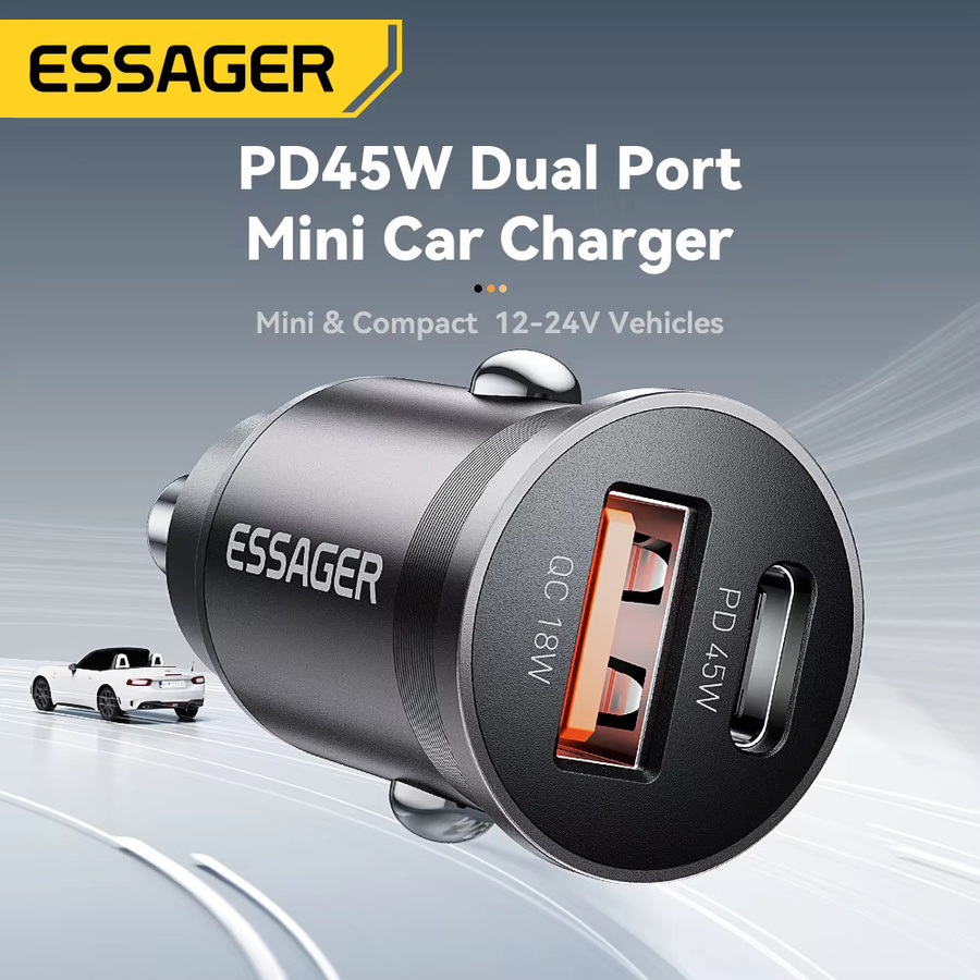 Essager 45 W Autoladegerät mit Dual Port PD QC3.0 und USB-C Schnellladung in Schwarz - Bild 2