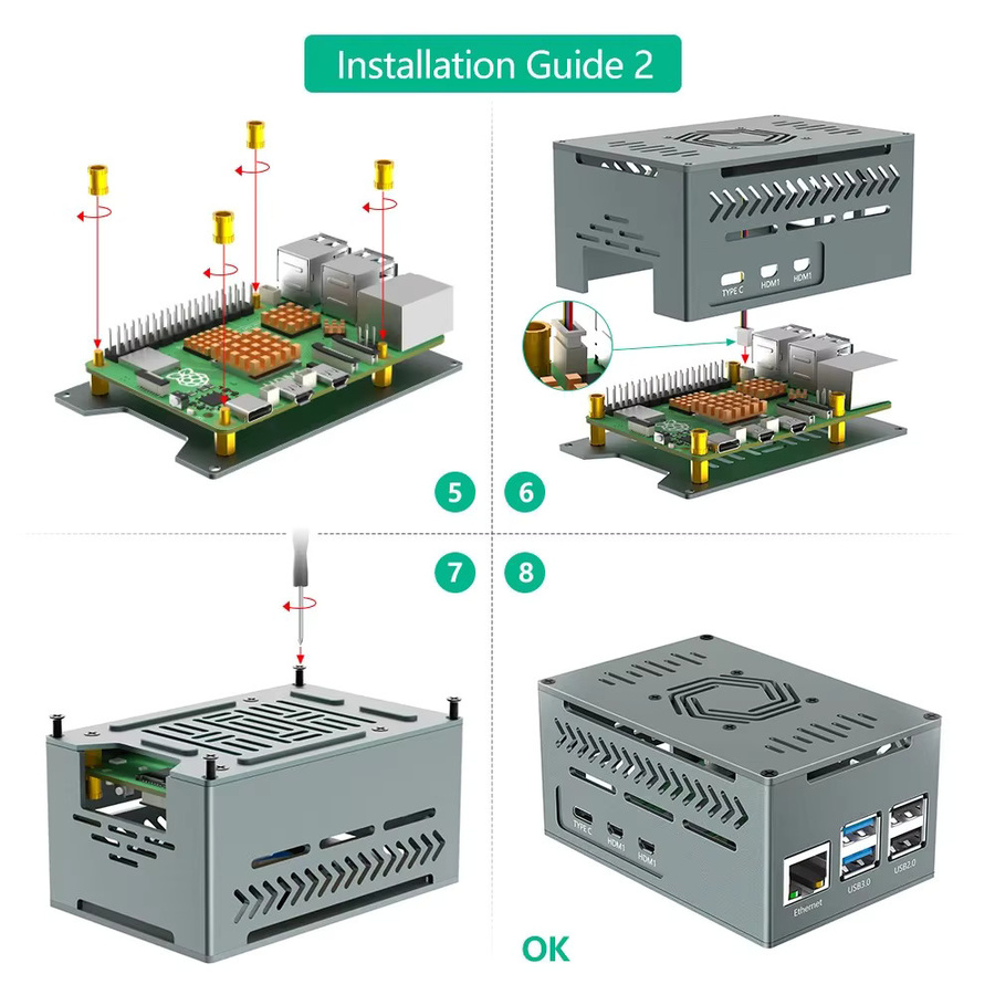 T.F.SKYWINDINTL Gehäuse für Raspberry Pi 5 in Grau mit 4010-PWM-Lüfter und Kupfer-Kühlkörper, kompatibel mit dem offiziellen Raspberry Pi 5 Active Cooler - Bild 3