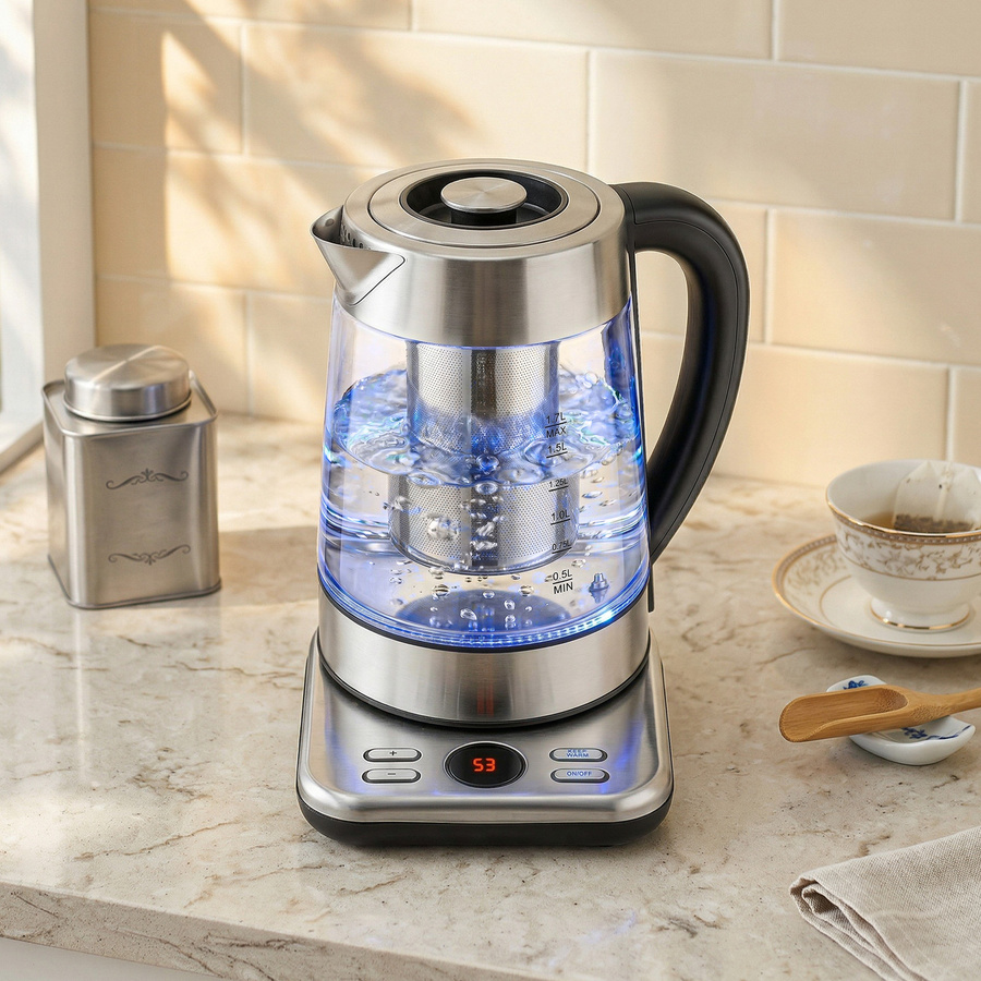 HOMCOM Elektrischer Wasserkocher aus Glas und Edelstahl in Silber mit 1,7 l Fassungsvermögen, 2200 W Leistung, Teesieb und Warmhaltefunktion - Bild 2