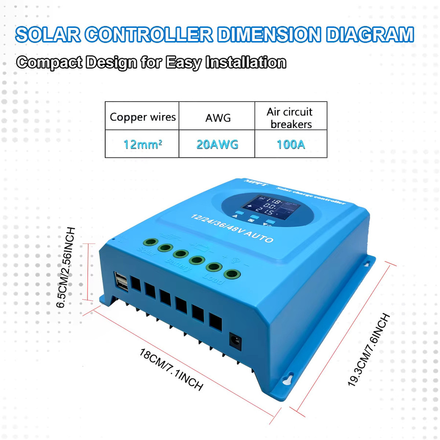 ROEXBY MPPT Solarladeregler mit LCD-Display und Dual-USB-Anschluss für Blei-Säure- und Lithium-Batterien, 12 V-48 V, Blau - Bild 3
