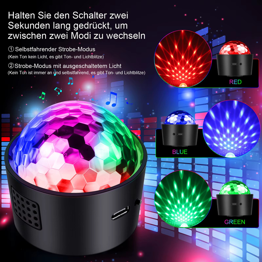 U'King 2er-Set LED Disco Licht Mini Magic Ball mit Soundaktivierung, RGB Multicolour Effekt für DJ, KTV und Bar, Schwarz - Bild 3