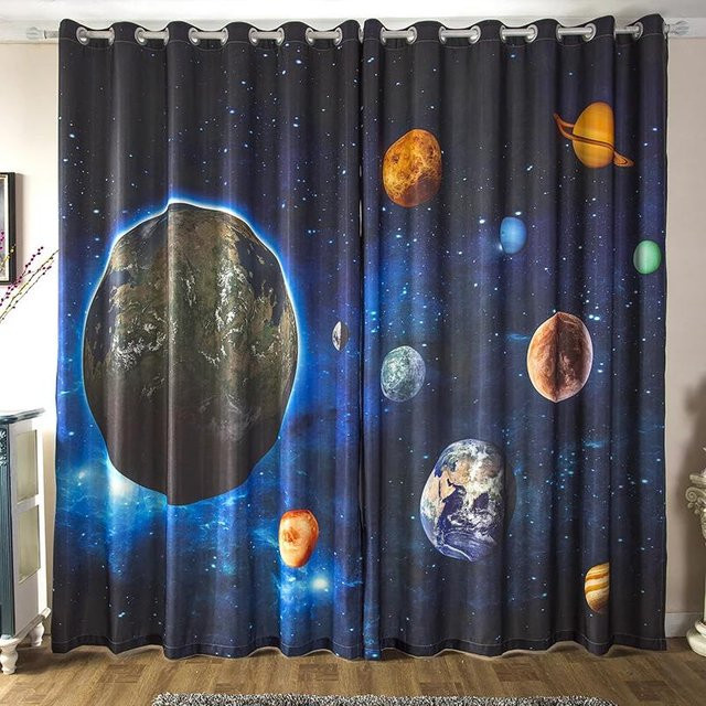 Yiran Furniture Verdunkelungsvorhang Science Fiction 3D Design mit Nebel und Sternen, Blau, B: 55 cm, H: 185 cm - Bild 1