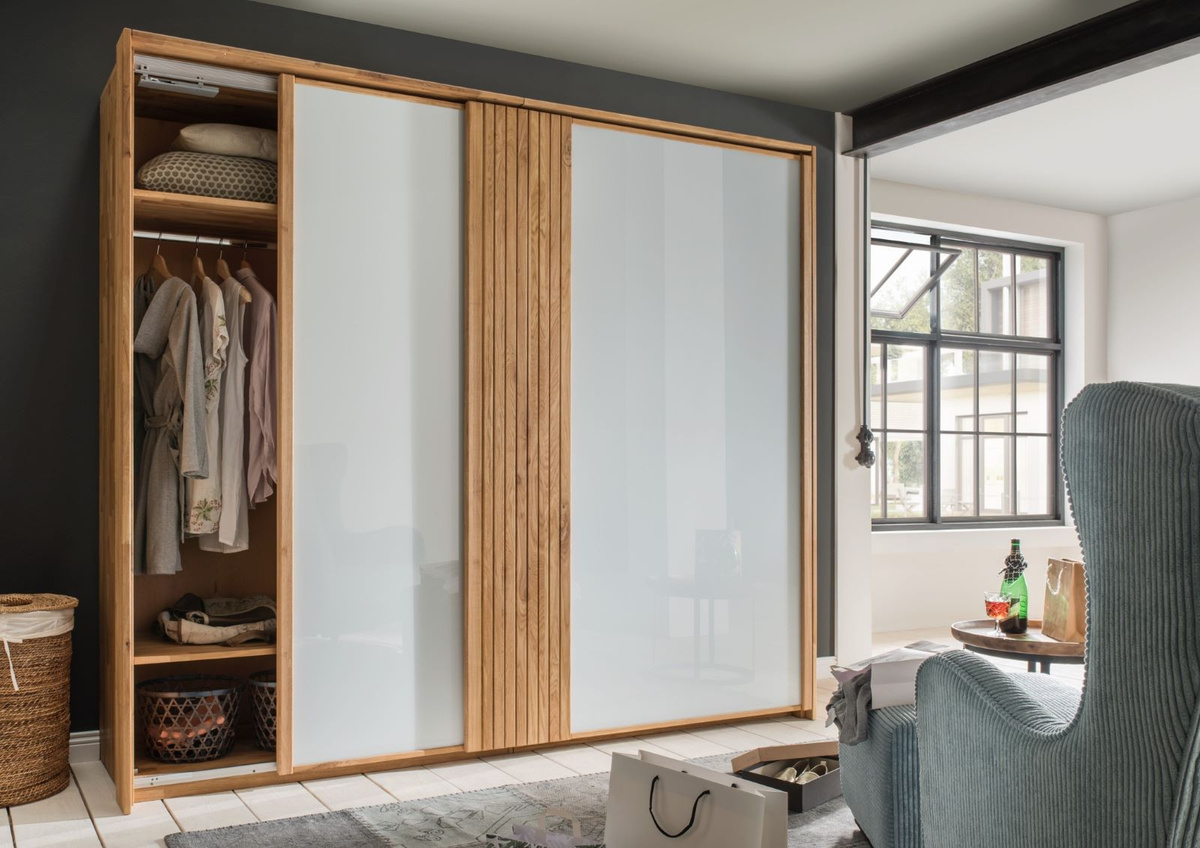 M&H Schwebetürenschrank Jupiter III aus Wild Oak und Buche, Weiß-Braun, B: 180 cm, T: 66 cm, H: 216 cm - Bild 1