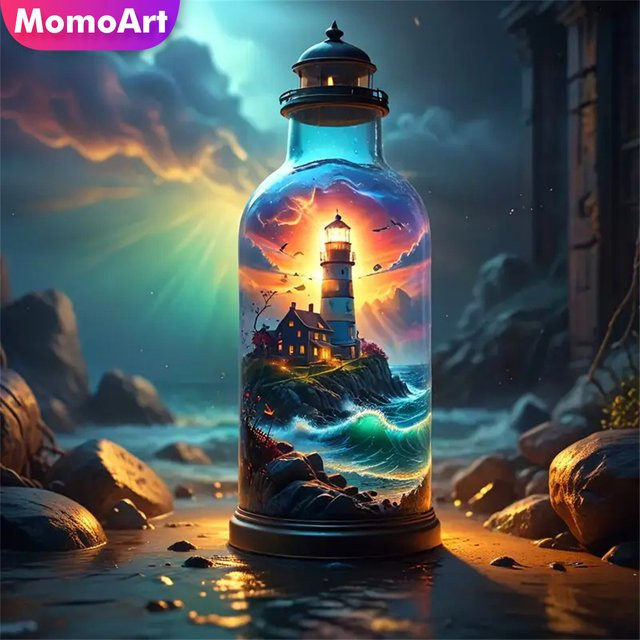 Momoart Diamantmalerei DIY Mosaik Set Leuchtturm am Meer Landschaft mit Glasflasche, Mehrfarbig - Bild 1