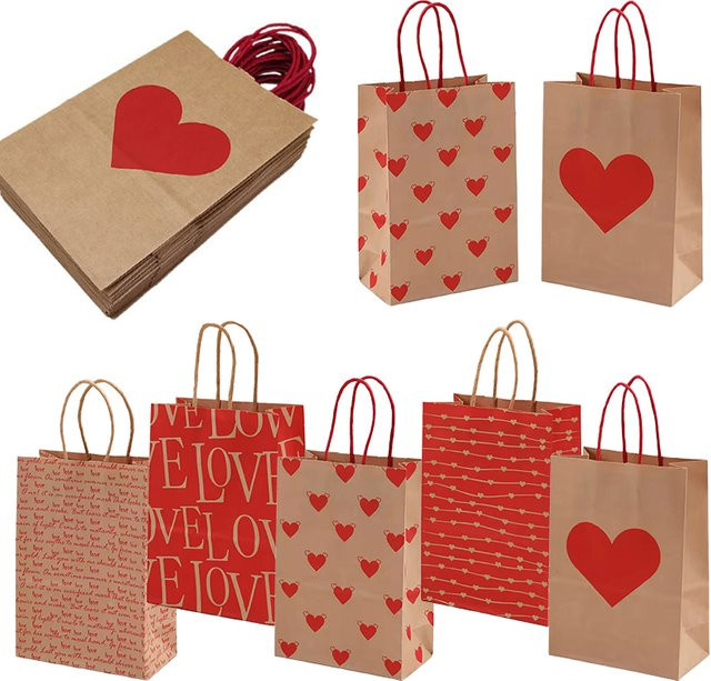 10er Set ZYF Kraftpapiertüten mit Herzmuster und Griff in Braun für Valentinstag, Hochzeiten und Partys - Bild 1