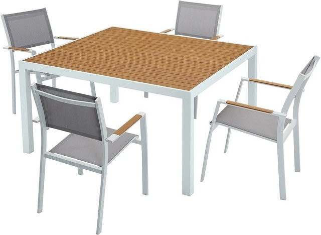Gartenessgruppe Macila von Vente-unique in Weiß, modernes Set aus pulverbeschichtetem Aluminium, Breite: 140 cm, Tiefe: 57 cm - Bild 1