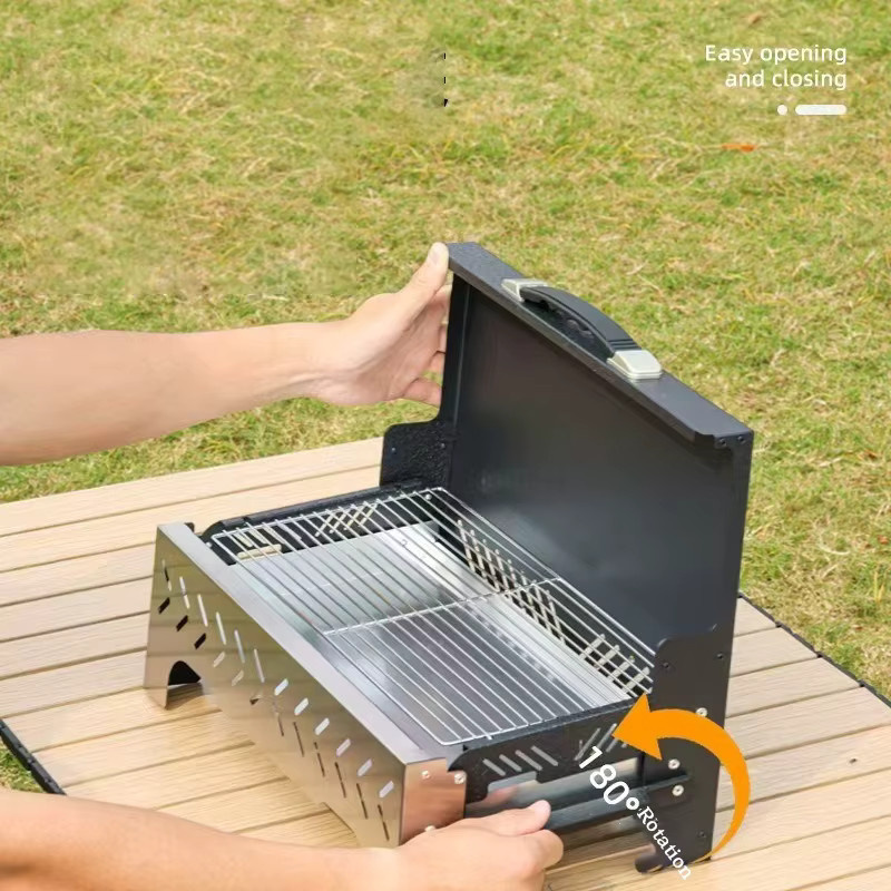 JUSTINLAU Tragbarer Holzkohlegrill aus Edelstahl und Stahl in Schwarz, winddichtes Grillwerkzeug-Set für Camping und Picknick - Bild 2