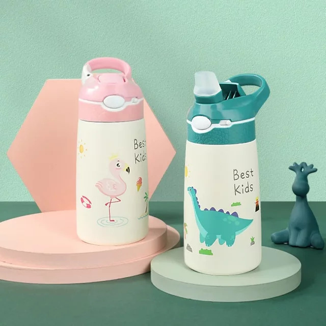 JUSTINLAU Kinder Trinkflasche mit Strohhalm, Thermosbecher mit Cartoon-Tier Motiv, 400 ml, Edelstahl, Mehrfarbig - Bild 1