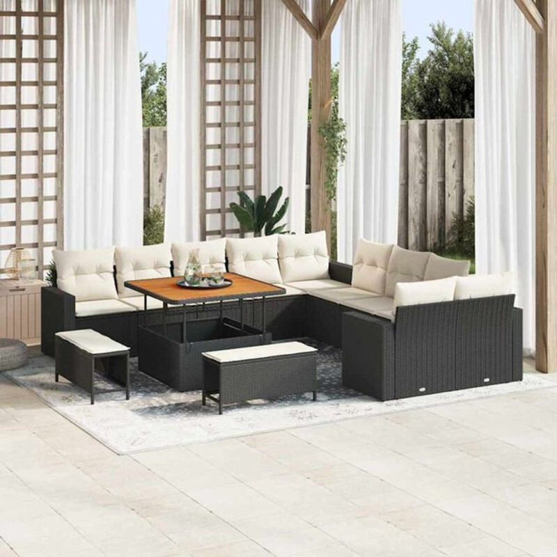 Modularer Gartensofa-Set mit 13-teiligen Kissen und Fußhockys von vidaXL in Schwarz aus Poly-Rattan und Massivholz - Bild 1