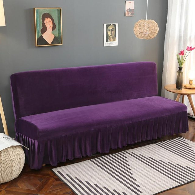 Bestbags Stretch Samt Futon Sofabettbezug armlos in Lila, plüschiger Couchbezug mit Rock für Sofas und Möbel zum Schutz - Bild 1
