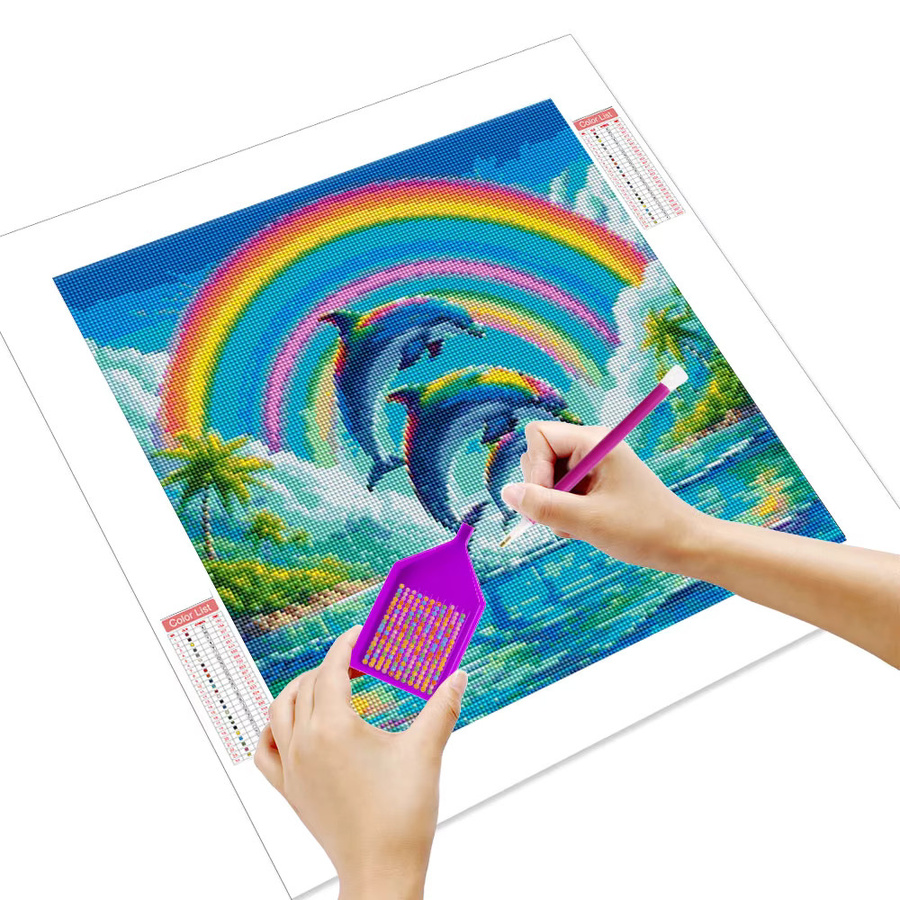 HUACAN Diamant-Malerei Delfine unter Regenbogen 5D-Diamant-Stickerei-Set mit 3D-Vollbohrern und Mosaikbild in Multicolour, Breite: 20 cm, Höhe: 20 cm - Bild 2