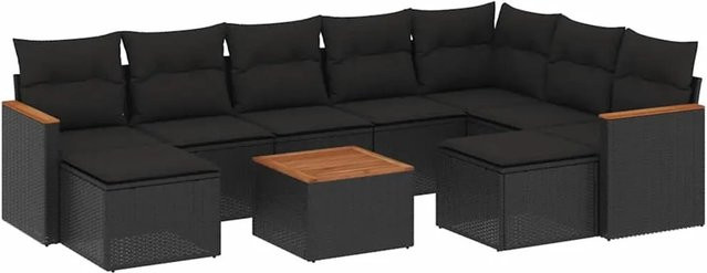 vidaXL 10-tlg. Garten-Sofagarnitur in L-Form aus Poly-Rattan und Akazienholz mit Kissen in Schwarz - Bild 1