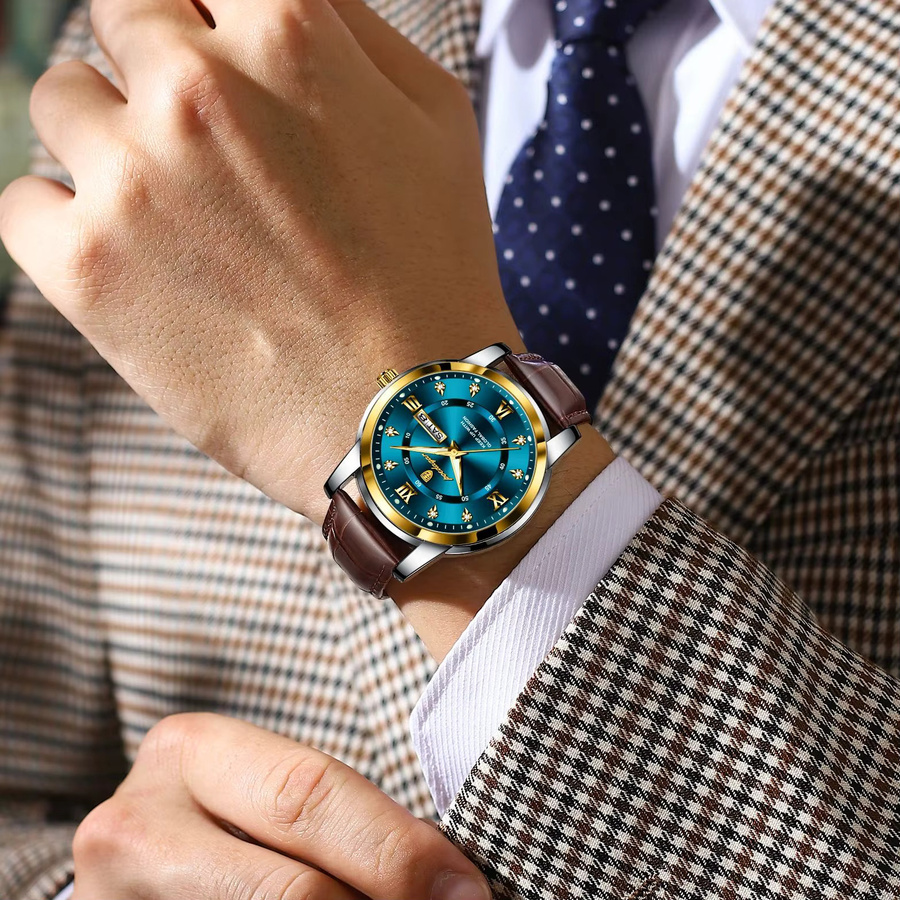 POEDAGAR Armbanduhr Quarz, Leder, Blau, Herren, Kalender, Wochentag - Bild 6