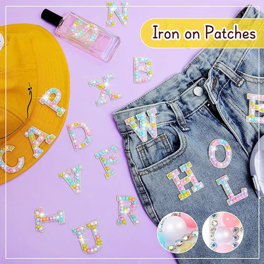 OEMOO 26 Stück Perlen-Buchstaben-Aufnäher in Macaron-Farben zum Aufbügeln oder Aufnähen für Kleidung, Taschen und Accessoires, Multicolour - Bild 2