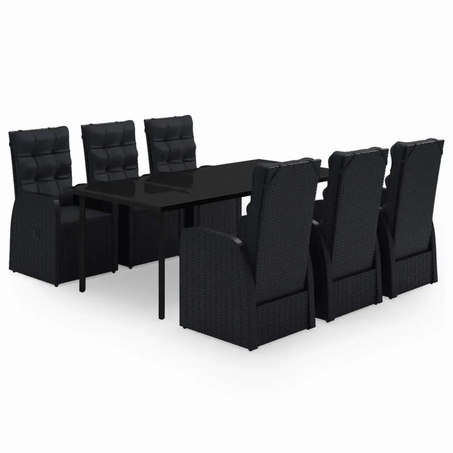 vidaXL 7-teilige Garten-Essgruppe aus PE-Rattan und pulverbeschichtetem Stahl in Schwarz mit Glasplatte und Kissen - Bild 2