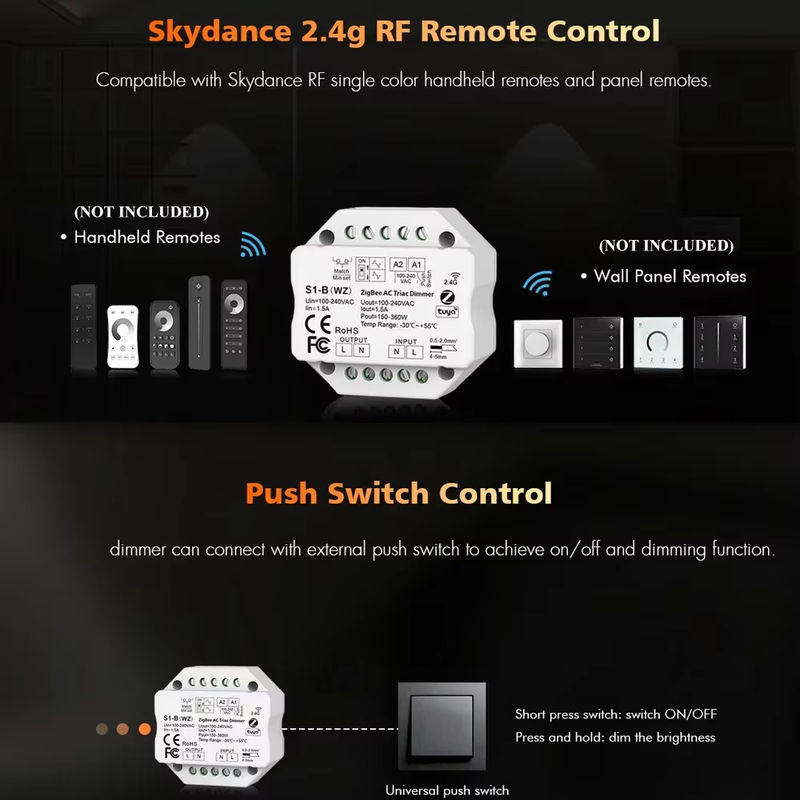 MJJCLED S1-B Tuya Zigbee RF AC Triac Dimmer LED Controller mit Push-Schalter in Weiß zur Steuerung über Smart Life App, Alexa und Google Assistant - Bild 3