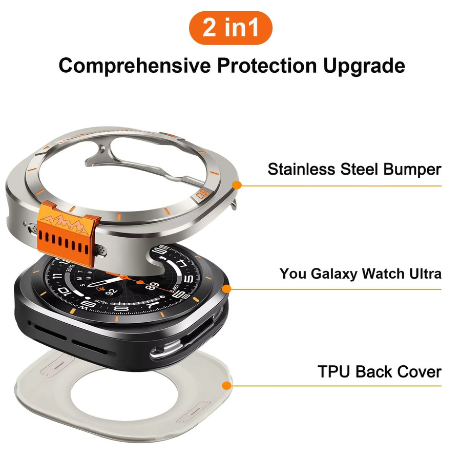 CAOWTAN Uhrenzubehör Metallgehäuse für Samsung Galaxy Watch Ultra, 47mm, Edelstahl, Black Orange, Unisex - Bild 2