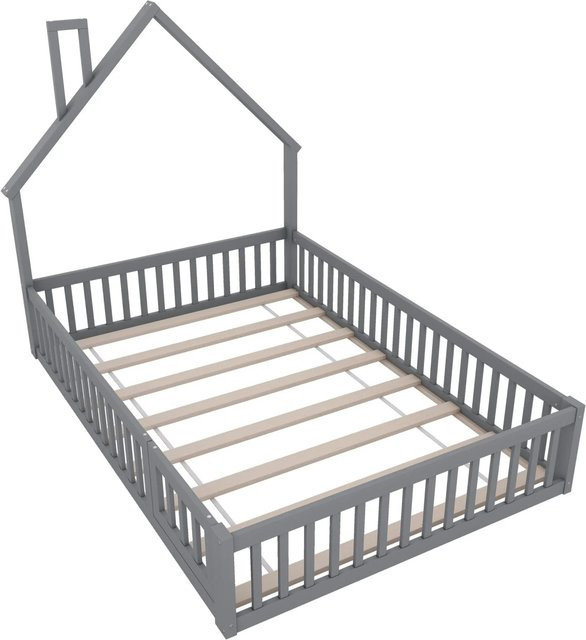 okwish Kinderbett Hausbett in Schornsteinform aus Kiefernholz und MDF, Farbe: Grau, B/T/H: 140 x 200 x 145 cm - Bild 1