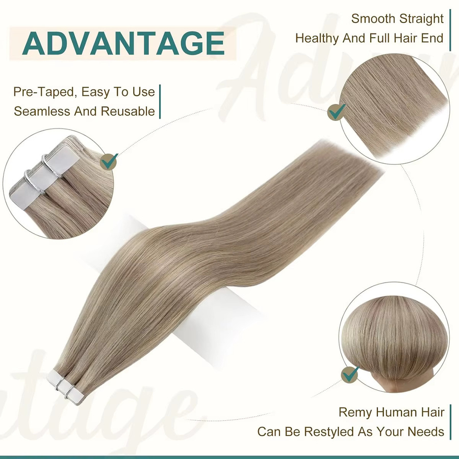 CC YOUNG Tape-in-Haarverlängerungen Echthaar, Aschblond und Hellblond, 50 g - Bild 2