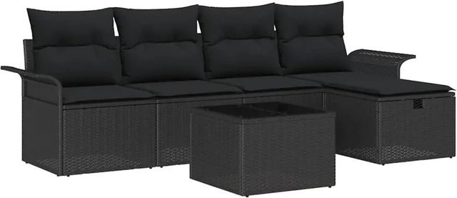vidaXL Garten-Sofa-Set aus Poly-Rattan in Schwarz mit 6 Teilen, inklusive Kissen, Tisch und Hocker mit Stauraumfunktion - Bild 1
