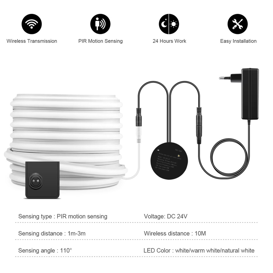 CHNAITEKE COB Neon LED Streifen 24V mit PIR Bewegungssensor und Silikon Band in Weiß für Treppen, Korridor und Bett-Beleuchtung - Bild 3