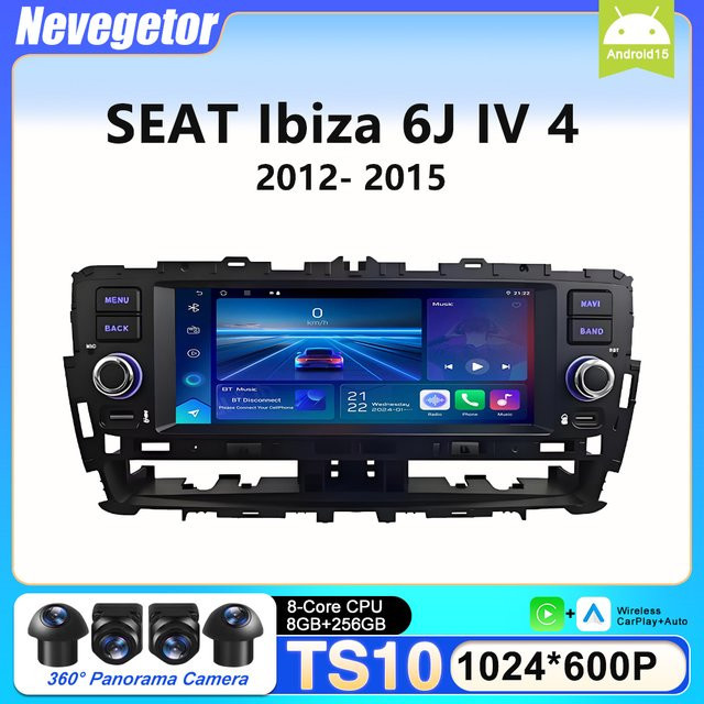 Nevegetor Android 16 Autoradio für SEAT Ibiza 6J IV in Schwarz mit 6,86 Zoll Display, kabellosem Carplay und Navigationssystem - Bild 1