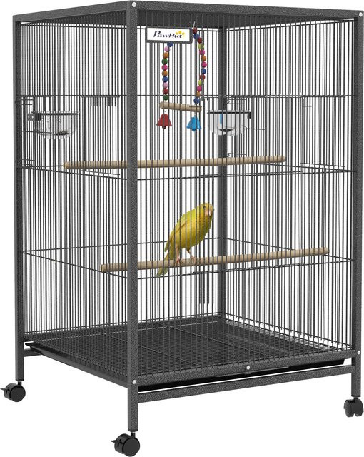 PawHut Vogelkäfig aus schwarzem Metall mit Rollen, Schaukel, Sitzstangen und ausziehbarer Schublade, B/T/H: 48 x 46 x 78 cm - Bild 1