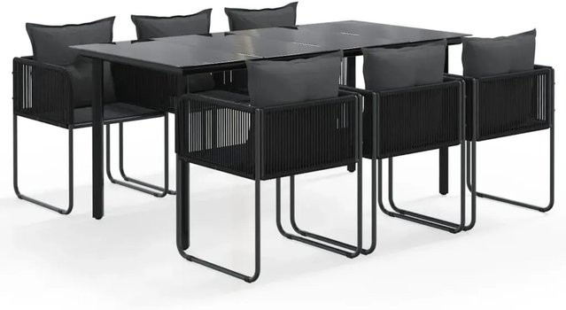 vidaXL 7-teilige Garten-Essgruppe aus PE-Rattan und pulverbeschichtetem Stahl in Schwarz mit Glastisch - Bild 1