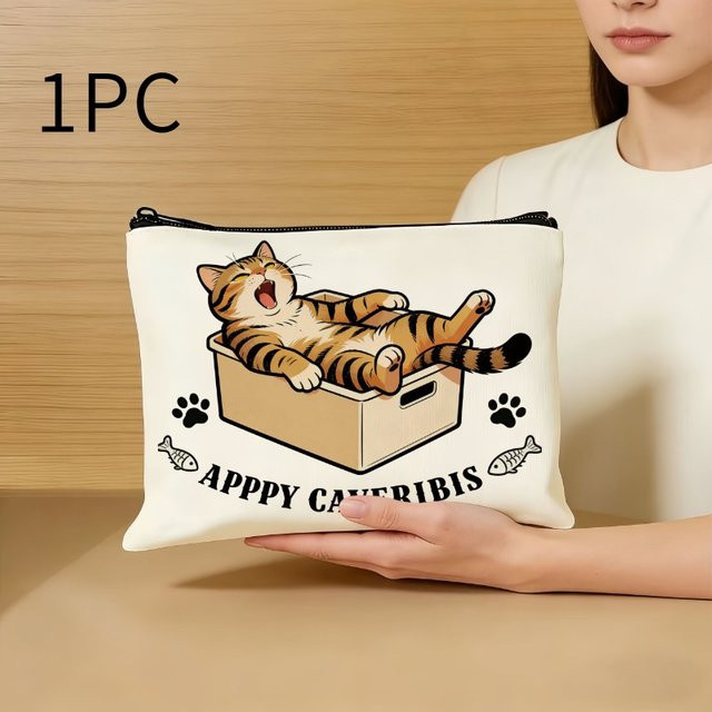 Kosmetik-Reisetasche mit Happy Kitten-Motiv in Weiß als Mehrzweck-Make-up- und Stiftebeutel mit Reißverschluss - Bild 1