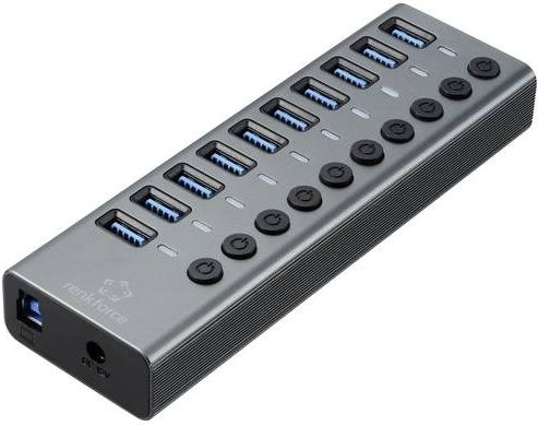 Renkforce RF-6027504 USB-Hub mit 10 USB-A Ports, USB 3.1 Gen2 10 GBit/s, einzeln schaltbar, Aluminiumgehäuse in Silber-Schwarz - Bild 1