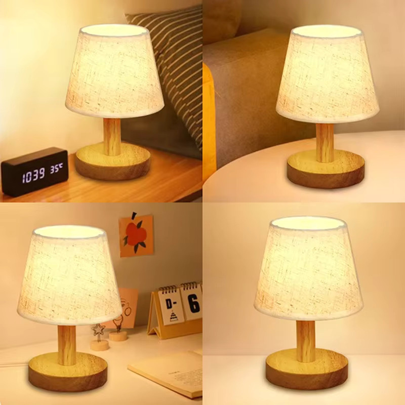 Retro LED Tischlampe mit Leinenlampenschirm und Holzfuß in Beige, USB-betrieben, warmweißes Licht für Wohnzimmer und Schlafzimmer - Bild 4