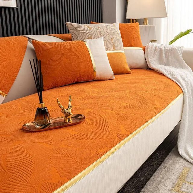 Super Six Chenille Sofakissen mit Goldrand und Blattmuster in Orange, B/B: 70 x 70 cm - Bild 1