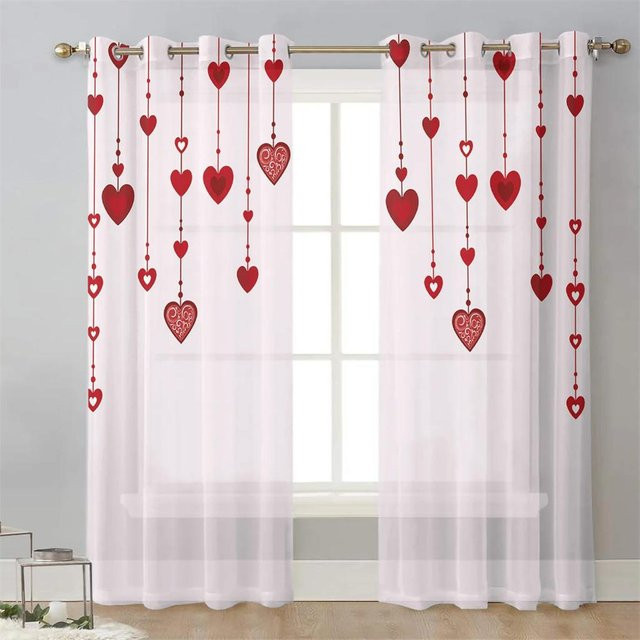 Yiran Furniture Voile Vorhänge mit Herz-Motiv für Valentinstag, 2er-Set transparente Tüll-Gardinen in Weiß, Breite: 65 cm, Höhe: 60 cm - Bild 1