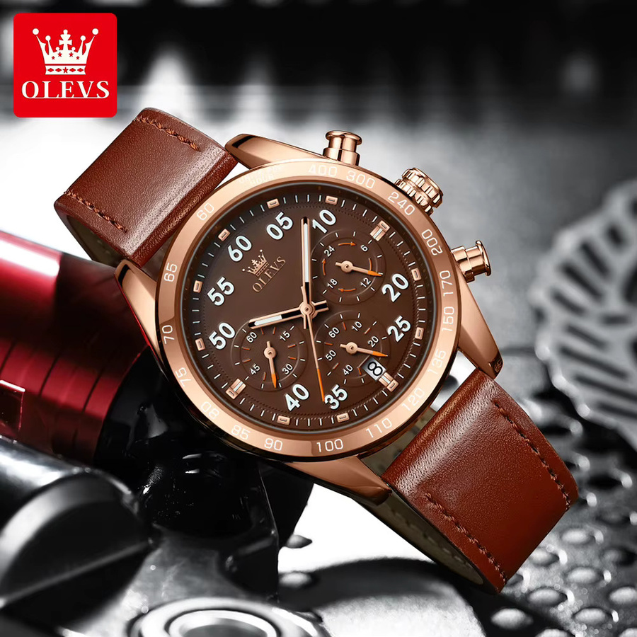 OLEVS Chronograph, Quarz, Leder, Roségold, Schwarz, Herren - Bild 3
