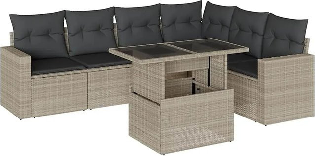 vidaXL 7-teilige Garten-Sofagarnitur in L-Form aus Polyrattan mit Kissen in Hellgrau - Bild 1