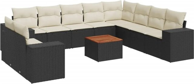 vidaXL 11-tlg. Garten-Sofagarnitur in L-Form aus schwarzem PE-Rattan mit Kissen und pulverbeschichtetem Stahlgestell - Bild 1