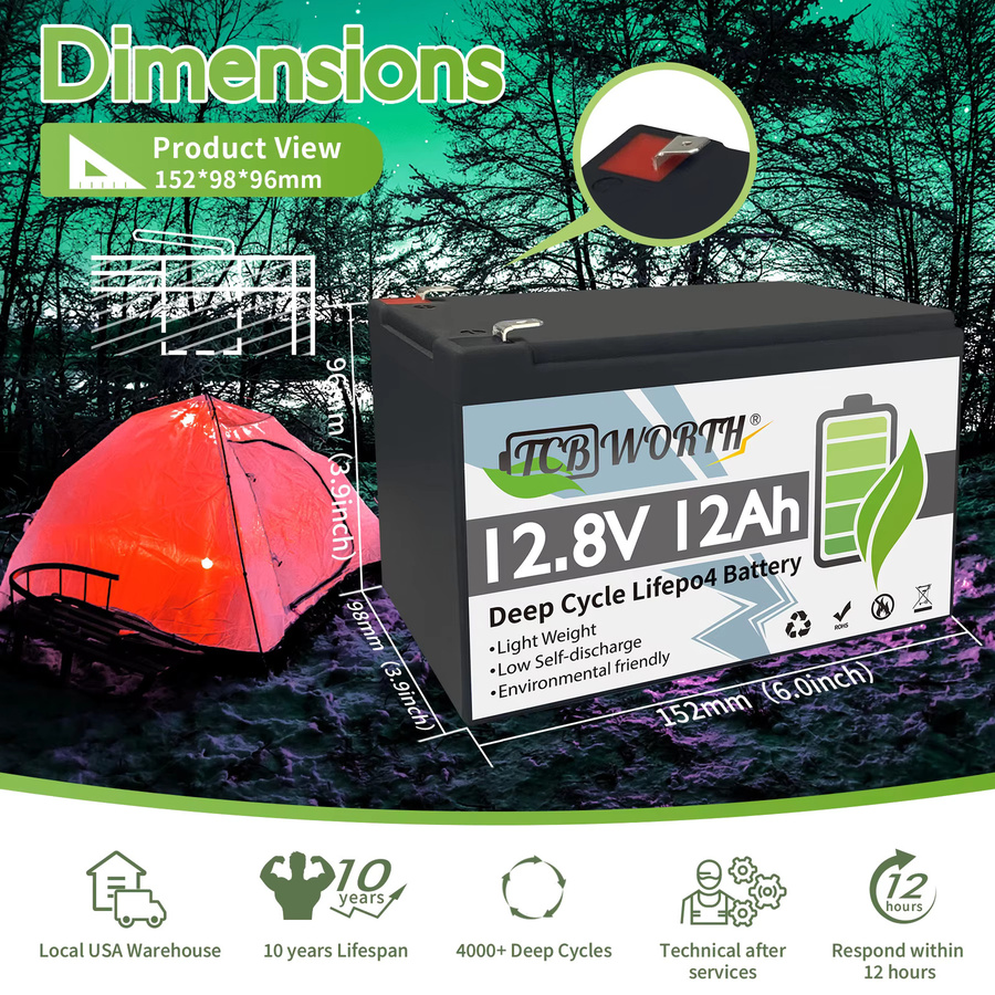 TCBWORTH LiFePo4 Lithium-Eisenphosphat-Akku 12V mit integriertem BMS in Schwarz - Bild 2
