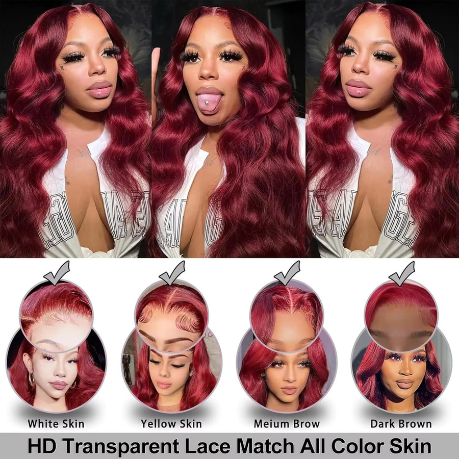 ALIKODY Perücke Echthaar, 16 Zoll, Burgunderrot, Body Wave, Lace Front, Damen - Bild 5