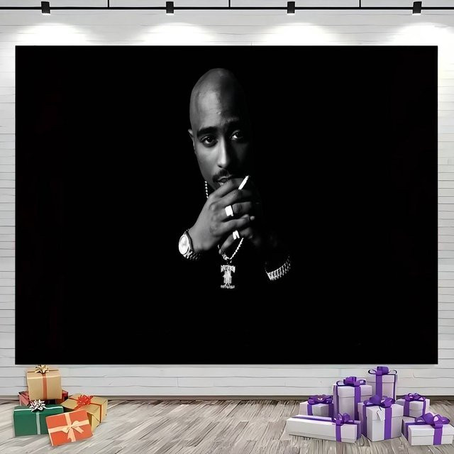 Mesuca Fotohintergrund Leinwand 2PAC Tupac Hip Hop Rapper mit Sternen Hintergrund Dekoration in Schwarz, Breite: 70 cm, Höhe: 70 cm - Bild 1