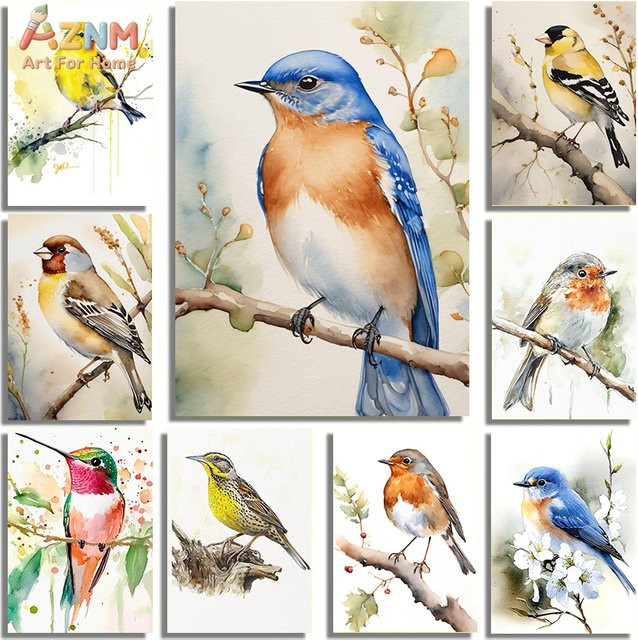 Kayou Retro-Aquarell-Poster mit goldflügeligen Elstern als Wildvogel-Leinwanddruck zur Wanddekoration in Multicolour - Bild 1