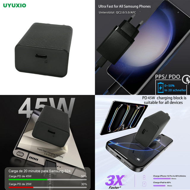 UYUXIO USB-C Power Adapter PD 4.0 Turbo Wandladegerät 45W Quick Charge in Schwarz - Bild 1