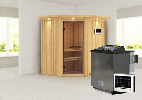 Karibu Narva Bio-Kombi-Sauna für 3 Personen mit 9 kW Saunaofen und externer Steuerung, beige, B/T/H: 202 x 165 x 184 cm - Bild 1