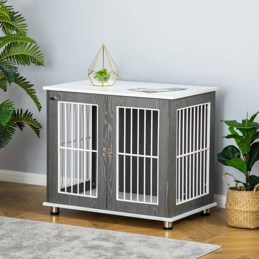 PawHut Hundekäfig in modernem Design aus Holz und Metall, Grau/Weiß - Bild 3