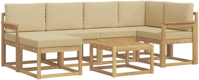 vidaXL Outdoor-Sofagarnitur aus Akazien-Massivholz in L-Form, 7-teiliges Set mit Polstern in Weiß und Beige für Garten und Terrasse - Bild 1