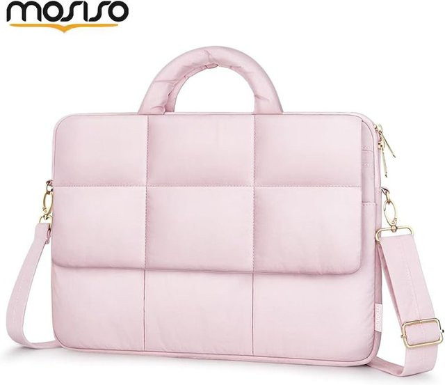 MOSISO Laptop-Umhängetasche Puffy Messenger für MacBook Pro Air 15 und 16 Zoll sowie 15,6 Zoll, gesteppte Computer-Hülle mit Flapover, Farbe: Pink - Bild 1
