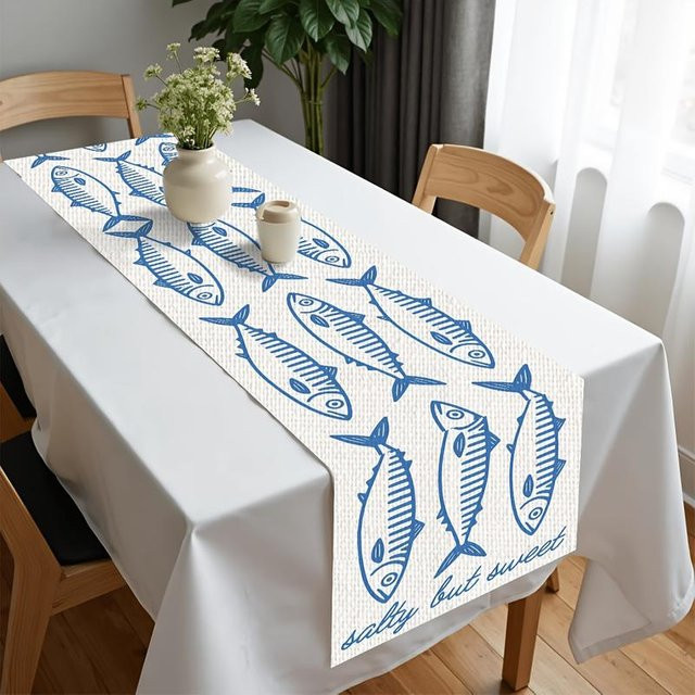 JINGYUE Pet Tischläufer mit maritimem Fischmuster in Blau und Weiß, B/H: 40 x 140 cm - Bild 1