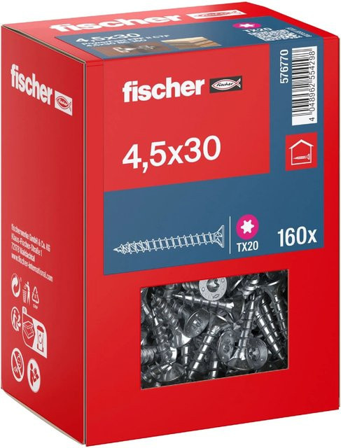 Fischer PowerFast II Senkkopf Schraube mit Torx-Antrieb und Vollgewinde aus verzinktem Stahl, Durchmesser: 4,5 mm, Länge: 30 mm, Farbe: Silber/Blau - Bild 1