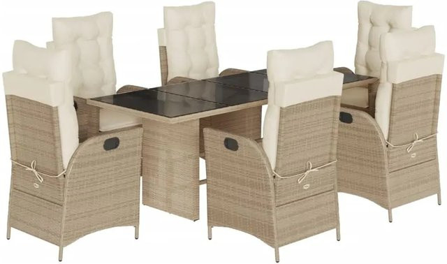 vidaXL 7-teilige Garten-Essgruppe aus Poly Rattan in Beige mit Kissen und Hartglas-Tischplatte - Bild 1