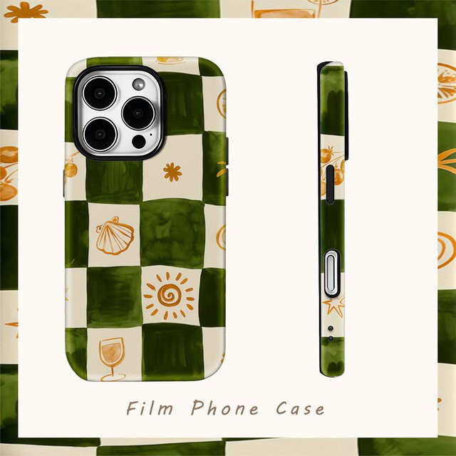 Potdemiel Handyhülle mit Karo-Muster in Grün und Orange für iPhone 11 bis iPhone 17 Pro Max Plus mit doppellagiger Rückseite - Bild 1