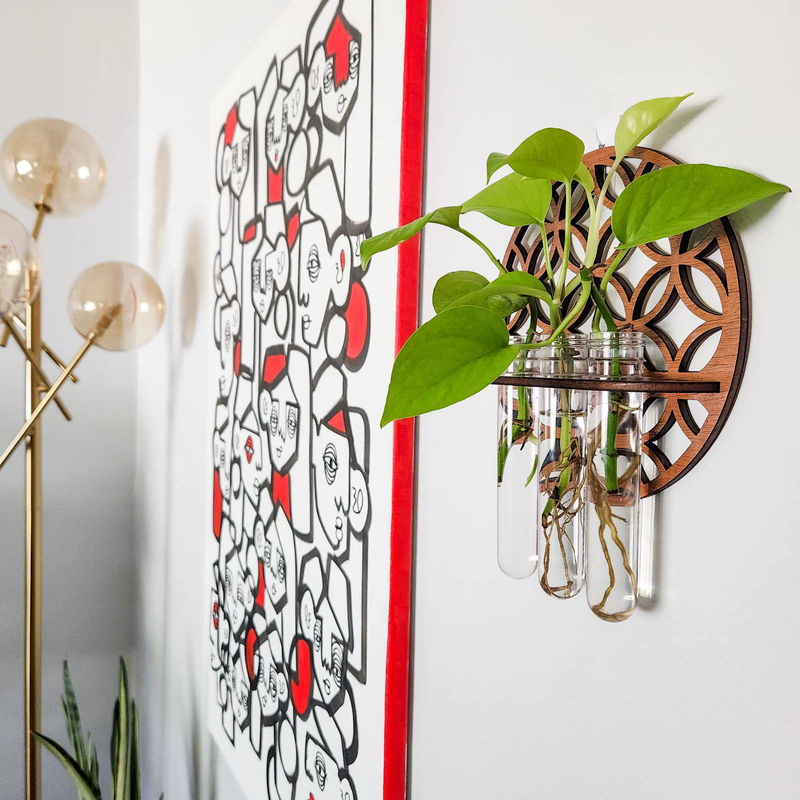 Runder Wandpflanzenhalter aus Holz in Braun mit 3 transparenten Glas-Reagenzgläsern für Schnittblumen und Pflanzenvermehrung im skandinavischen Design - Bild 3
